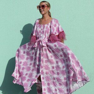 GÜL HÜRGEL Marabou Feather-Trimmed Midi Dress - Pink Floral